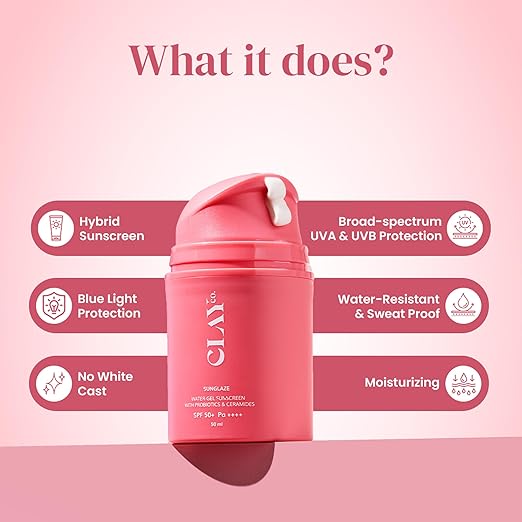 clayco sunglaze sunscreen spf 50 pa++++ | probiotic & ceramide infused | lightweight, non greasy & fast absorbing | broad spectrum uva, uvb & blue light protection | hydrating & brightening | for all skin types (50ml)